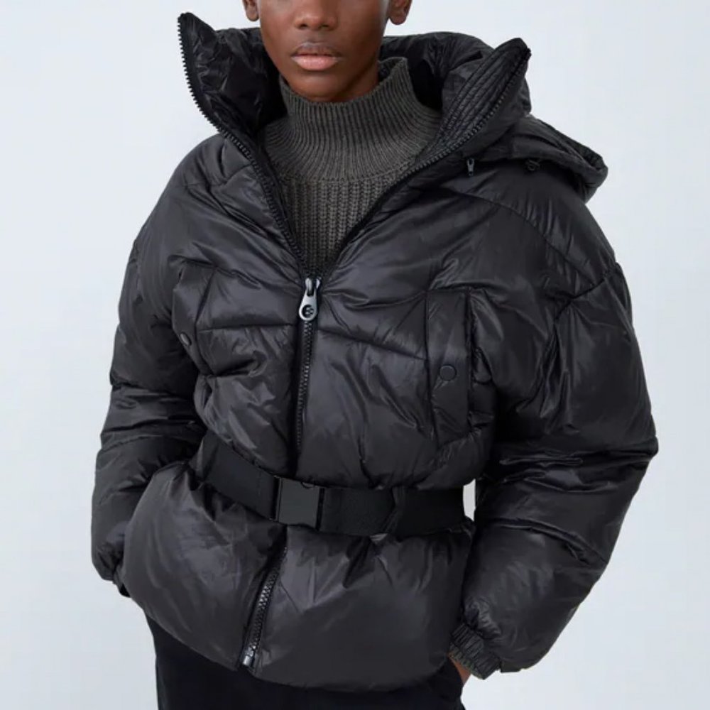 NEW Zara Black Sorona Dupont Removable Hood Soft Cozy Puffer Jacket with Belt - Picture 9 of 9
